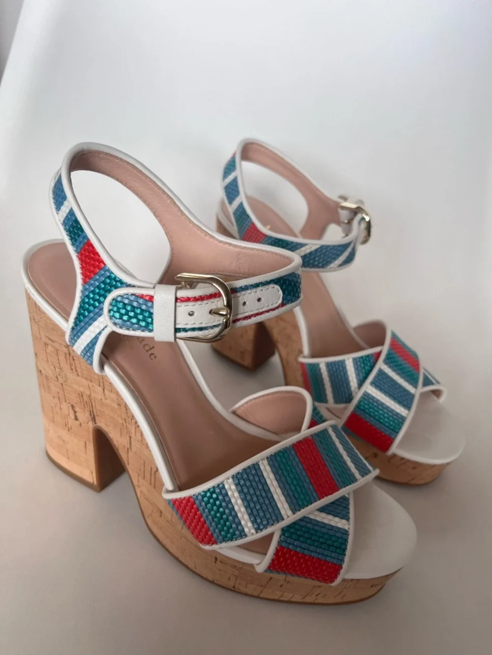 Kate Spade Grace Striped Raffia Platform Sandals w Dust Bag Size 7.5